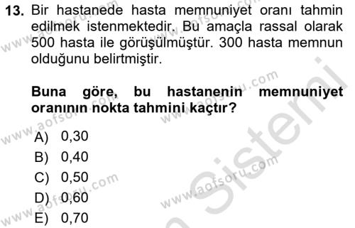 Tıbbi İstatistik Dersi 2019 - 2020 Yılı (Final) Dönem Sonu Sınavı 13. Soru