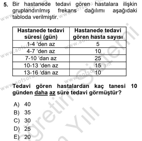 Tıbbi İstatistik Dersi 2021 - 2022 Yılı Yaz Okulu Sınavı 5. Soru