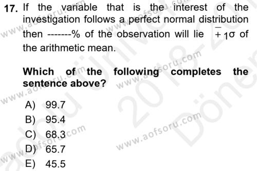 Statistics 1 Dersi 2018 - 2019 Yılı (Final) Dönem Sonu Sınavı 17. Soru