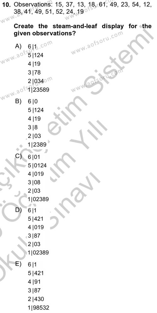 Statistics 1 Dersi 2018 - 2019 Yılı Yaz Okulu Sınavı 10. Soru