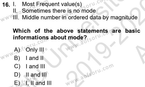 Statistics 1 Dersi 2019 - 2020 Yılı (Vize) Ara Sınavı 16. Soru