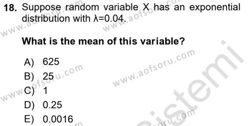 Statistics 1 Dersi 2019 - 2020 Yılı (Final) Dönem Sonu Sınavı 18. Soru