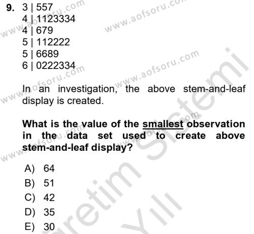 Statistics 1 Dersi 2020 - 2021 Yılı Yaz Okulu Sınavı 9. Soru