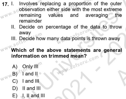 Statistics 1 Dersi 2021 - 2022 Yılı (Vize) Ara Sınavı 17. Soru