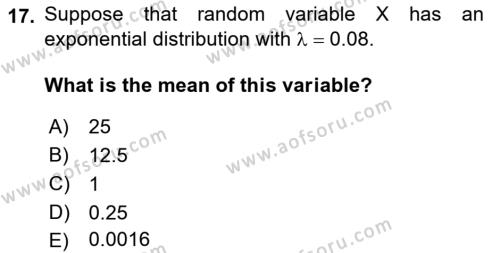 Statistics 1 Dersi 2021 - 2022 Yılı Yaz Okulu Sınavı 17. Soru