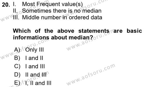 Statistics 1 Dersi 2023 - 2024 Yılı (Vize) Ara Sınavı 20. Soru