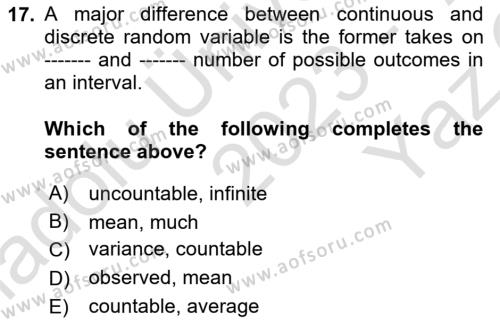 Statistics 1 Dersi 2023 - 2024 Yılı Yaz Okulu Sınavı 17. Soru