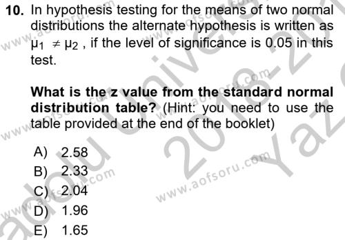 Statistics 2 Dersi 2018 - 2019 Yılı Yaz Okulu Sınavı 10. Soru