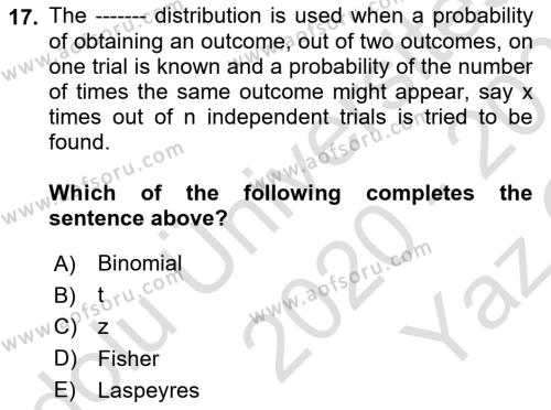 Statistics 2 Dersi 2020 - 2021 Yılı Yaz Okulu Sınavı 17. Soru