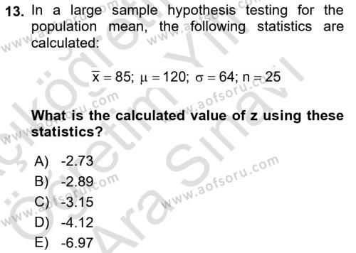Statistics 2 Dersi 2021 - 2022 Yılı (Vize) Ara Sınavı 13. Soru