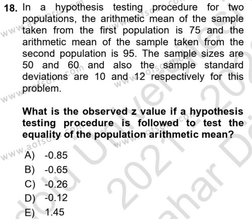 Statistics 2 Dersi 2021 - 2022 Yılı (Vize) Ara Sınavı 18. Soru
