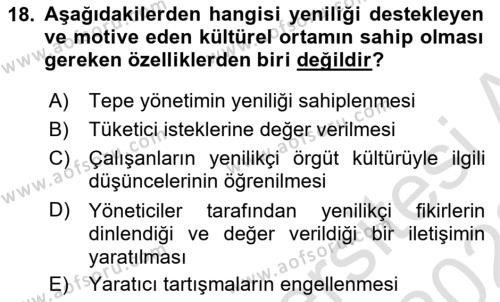 Yenilik Yönetimi Dersi 2021 - 2022 Yılı Yaz Okulu Sınavı 18. Soru