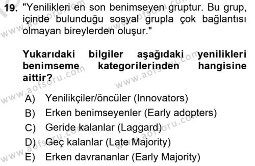 Yenilik Yönetimi Dersi 2021 - 2022 Yılı Yaz Okulu Sınavı 19. Soru