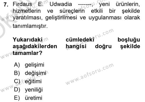 Yenilik Yönetimi Dersi 2021 - 2022 Yılı Yaz Okulu Sınavı 7. Soru