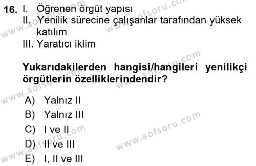 Yenilik Yönetimi Dersi 2022 - 2023 Yılı (Vize) Ara Sınavı 16. Soru