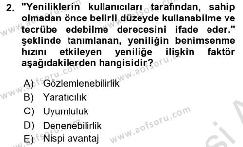 Yenilik Yönetimi Dersi 2023 - 2024 Yılı (Final) Dönem Sonu Sınavı 2. Soru