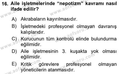 Küçük İşletme Yönetimi Dersi 2023 - 2024 Yılı (Final) Dönem Sonu Sınavı 16. Soru