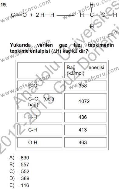 Genel Kimya 1 Dersi 2012 - 2013 Yılı (Final) Dönem Sonu Sınavı 19. Soru