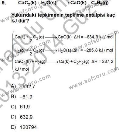 Genel Kimya 1 Dersi 2013 - 2014 Yılı (Final) Dönem Sonu Sınavı 9. Soru