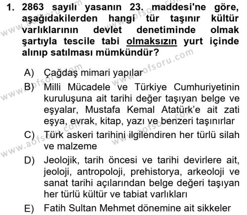 Kültürel Miras Yönetimi Dersi 2023 - 2024 Yılı Yaz Okulu Sınavı 1. Soru