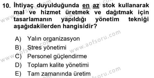 Otel Yönetimi Dersi 2021 - 2022 Yılı Yaz Okulu Sınavı 10. Soru