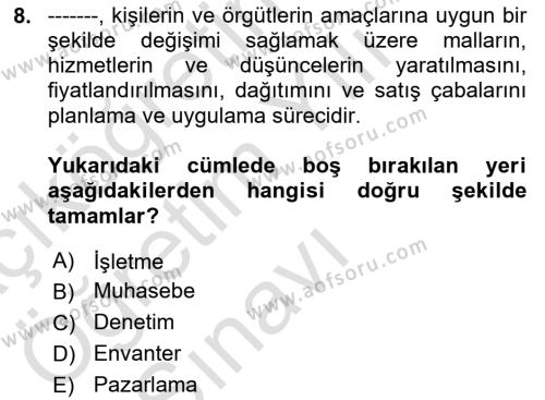 Destinasyon Yönetimi Dersi 2020 - 2021 Yılı Yaz Okulu Sınavı 8. Soru