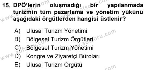 Destinasyon Yönetimi Dersi 2021 - 2022 Yılı (Vize) Ara Sınavı 15. Soru