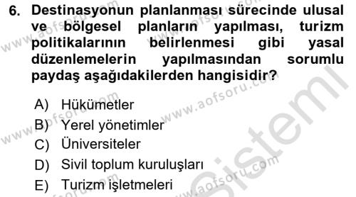 Destinasyon Yönetimi Dersi 2021 - 2022 Yılı (Vize) Ara Sınavı 6. Soru