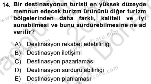 Destinasyon Yönetimi Dersi 2021 - 2022 Yılı (Final) Dönem Sonu Sınavı 14. Soru