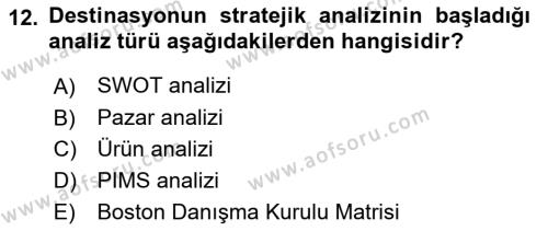 Destinasyon Yönetimi Dersi 2021 - 2022 Yılı Yaz Okulu Sınavı 12. Soru