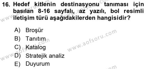 Destinasyon Yönetimi Dersi 2022 - 2023 Yılı Yaz Okulu Sınavı 16. Soru