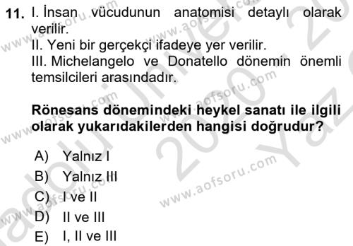 Kültür Tarihi Dersi 2020 - 2021 Yılı Yaz Okulu Sınavı 11. Soru