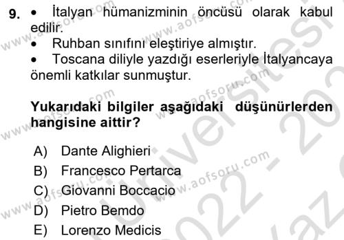 Kültür Tarihi Dersi 2022 - 2023 Yılı Yaz Okulu Sınavı 9. Soru