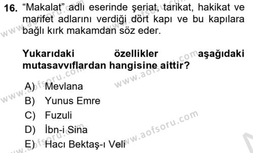 Kültür Tarihi Dersi 2023 - 2024 Yılı (Vize) Ara Sınavı 16. Soru