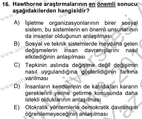 Yönetim Bilimi 1 Dersi 2018 - 2019 Yılı Yaz Okulu Sınavı 16. Soru