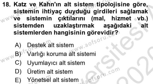 Yönetim Bilimi 1 Dersi 2019 - 2020 Yılı (Final) Dönem Sonu Sınavı 18. Soru