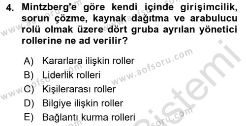 Yönetim Bilimi 1 Dersi 2021 - 2022 Yılı (Vize) Ara Sınavı 4. Soru