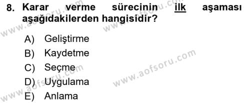 Yönetim Bilimi 1 Dersi 2021 - 2022 Yılı (Vize) Ara Sınavı 8. Soru