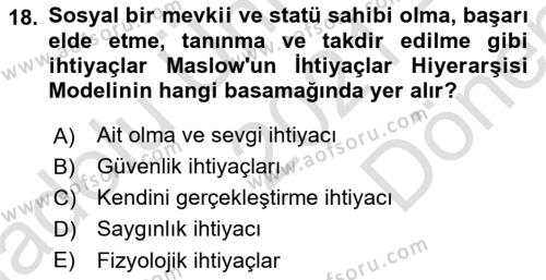 Yönetim Bilimi 1 Dersi 2021 - 2022 Yılı (Final) Dönem Sonu Sınavı 18. Soru