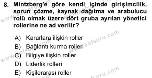 Yönetim Bilimi 1 Dersi 2021 - 2022 Yılı Yaz Okulu Sınavı 8. Soru