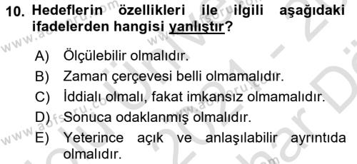 Yönetim Bilimi 2 Dersi 2021 - 2022 Yılı (Vize) Ara Sınavı 10. Soru