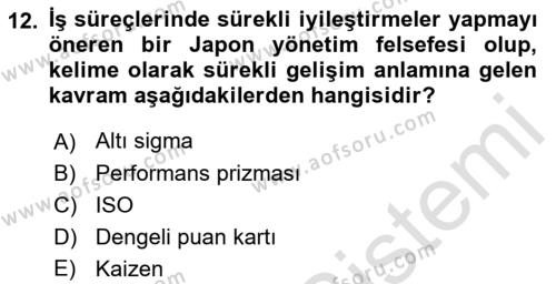 Yönetim Bilimi 2 Dersi 2021 - 2022 Yılı (Vize) Ara Sınavı 12. Soru