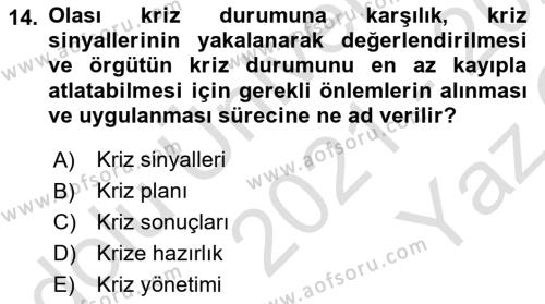 Yönetim Bilimi 2 Dersi 2021 - 2022 Yılı Yaz Okulu Sınavı 14. Soru