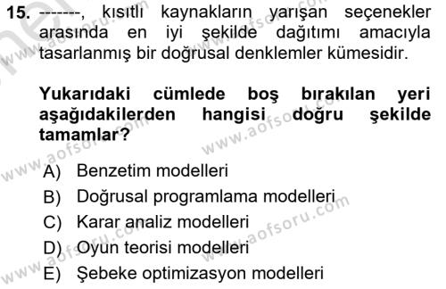 Yönetim Bilimi 2 Dersi 2023 - 2024 Yılı (Vize) Ara Sınavı 15. Soru