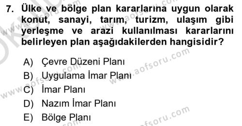 Kentleşme ve Konut Politikaları Dersi 2020 - 2021 Yılı Yaz Okulu Sınavı 7. Soru