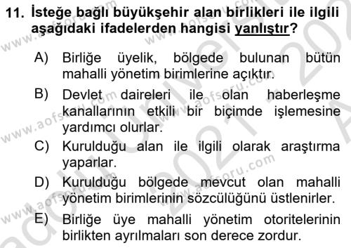 Kentleşme ve Konut Politikaları Dersi 2021 - 2022 Yılı (Vize) Ara Sınavı 11. Soru