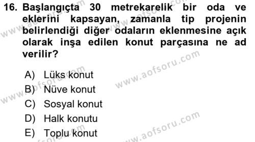 Kentleşme ve Konut Politikaları Dersi 2021 - 2022 Yılı (Final) Dönem Sonu Sınavı 16. Soru