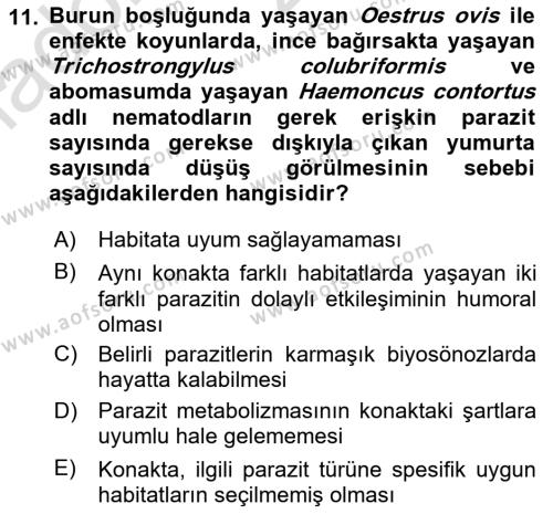 Temel Veteriner Parazitoloji Dersi 2020 - 2021 Yılı Yaz Okulu Sınavı 11. Soru