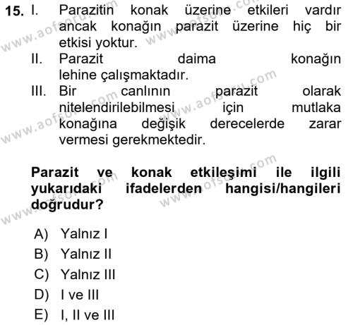 Temel Veteriner Parazitoloji Dersi 2020 - 2021 Yılı Yaz Okulu Sınavı 15. Soru