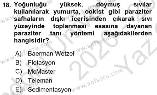 Temel Veteriner Parazitoloji Dersi 2020 - 2021 Yılı Yaz Okulu Sınavı 18. Soru